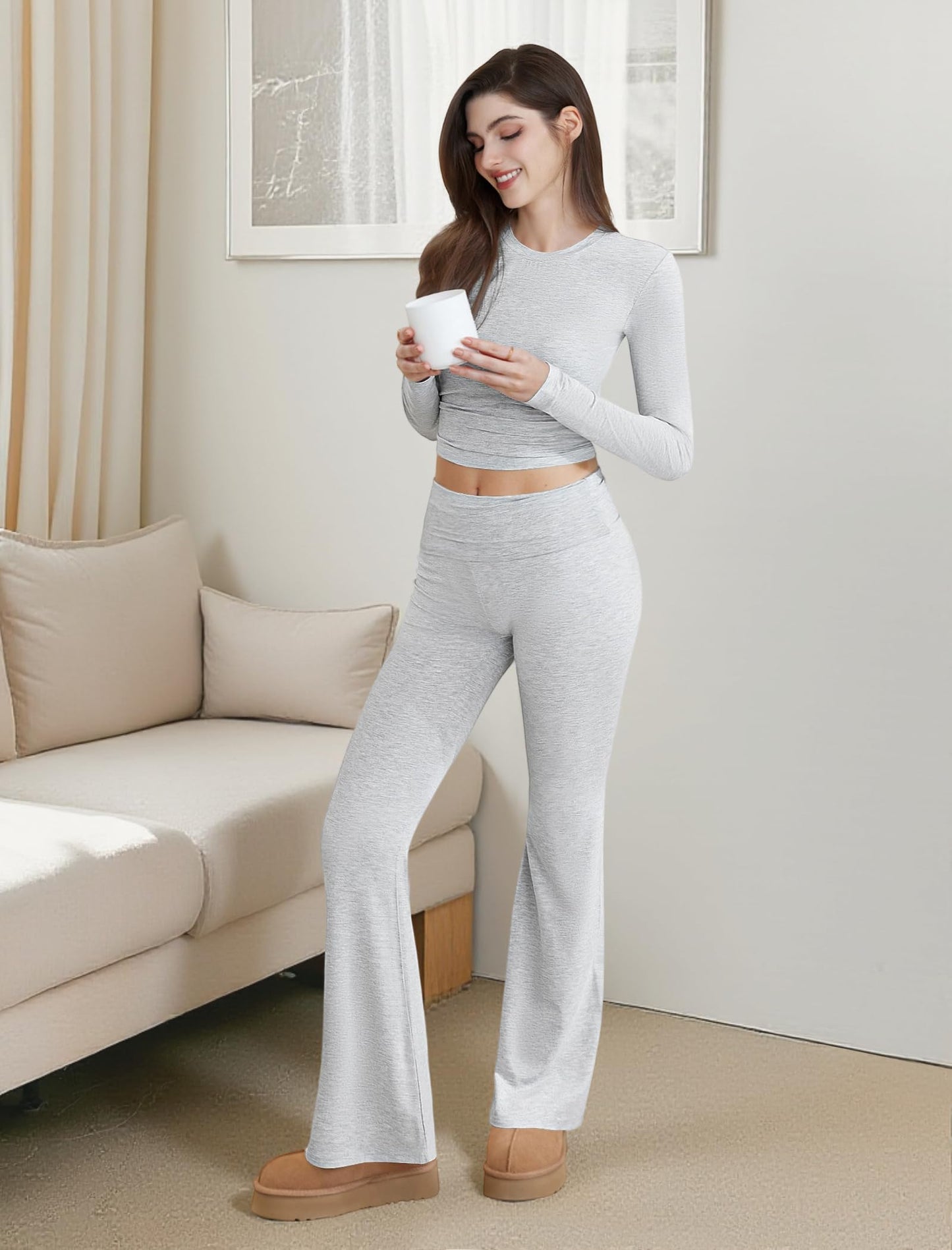 Two Piece Lounge Sets for Women Fold Over Flare Leggings Long Sleeve Crop Tops Matching Set Casual Y2k Outfits