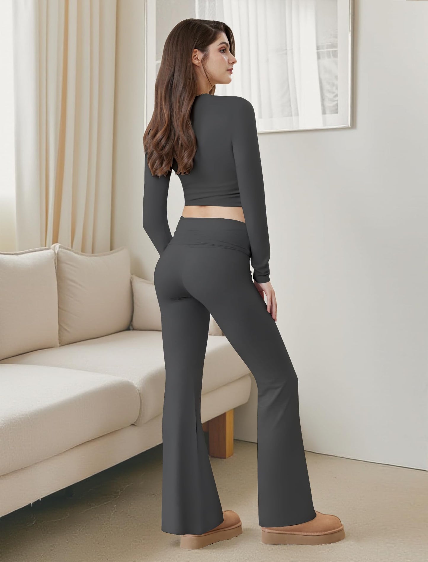Two Piece Lounge Sets for Women Fold Over Flare Leggings Long Sleeve Crop Tops Matching Set Casual Y2k Outfits