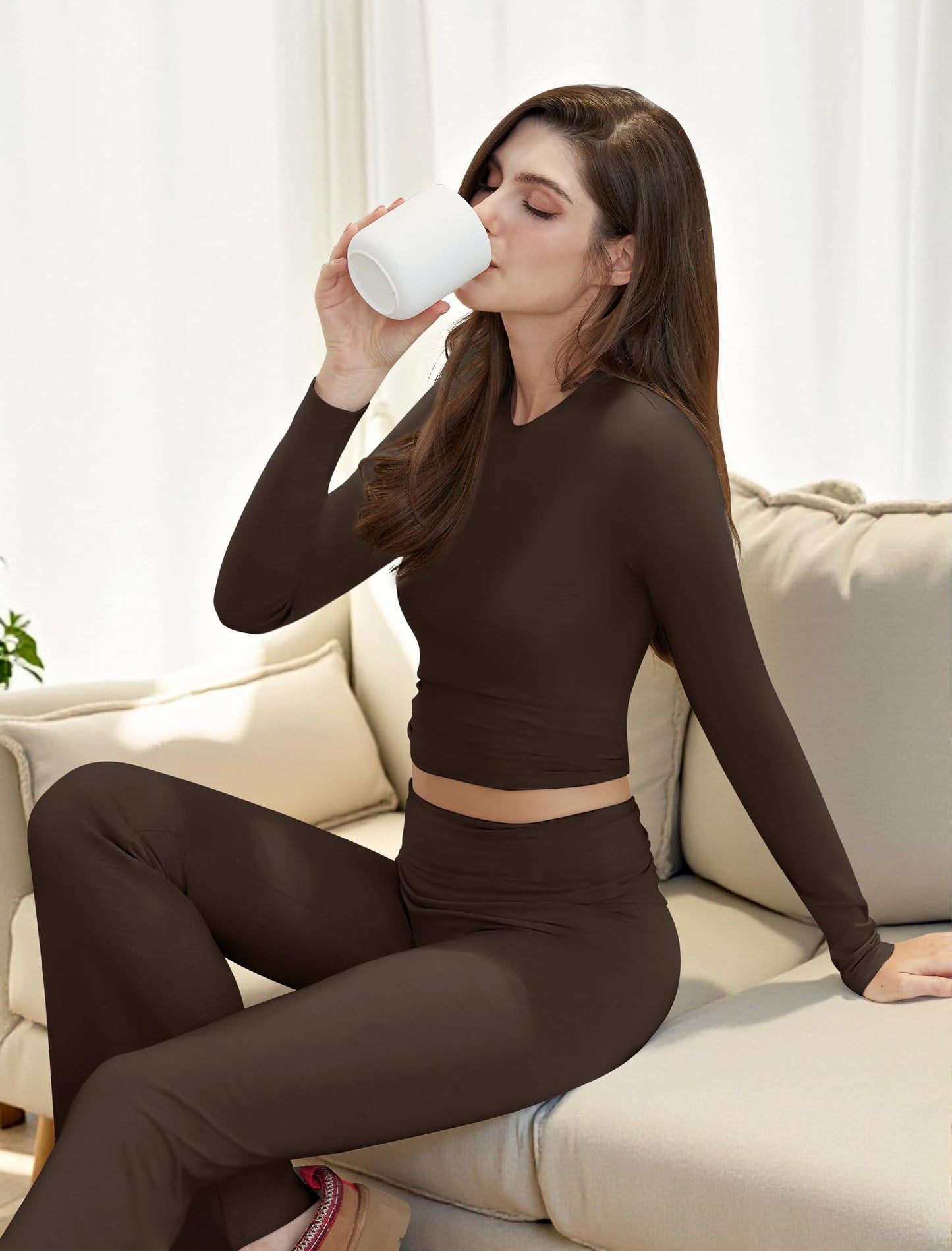 Two Piece Lounge Sets for Women Fold Over Flare Leggings Long Sleeve Crop Tops Matching Set Casual Y2k Outfits