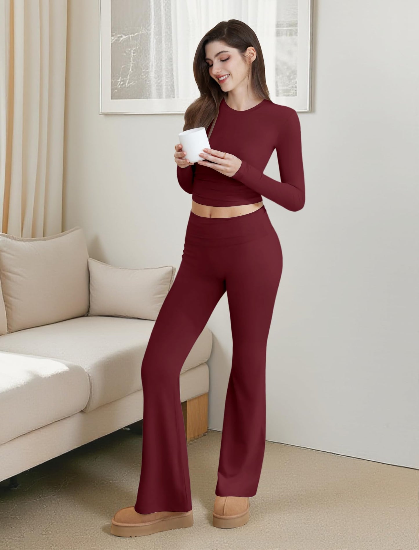 Two Piece Lounge Sets for Women Fold Over Flare Leggings Long Sleeve Crop Tops Matching Set Casual Y2k Outfits