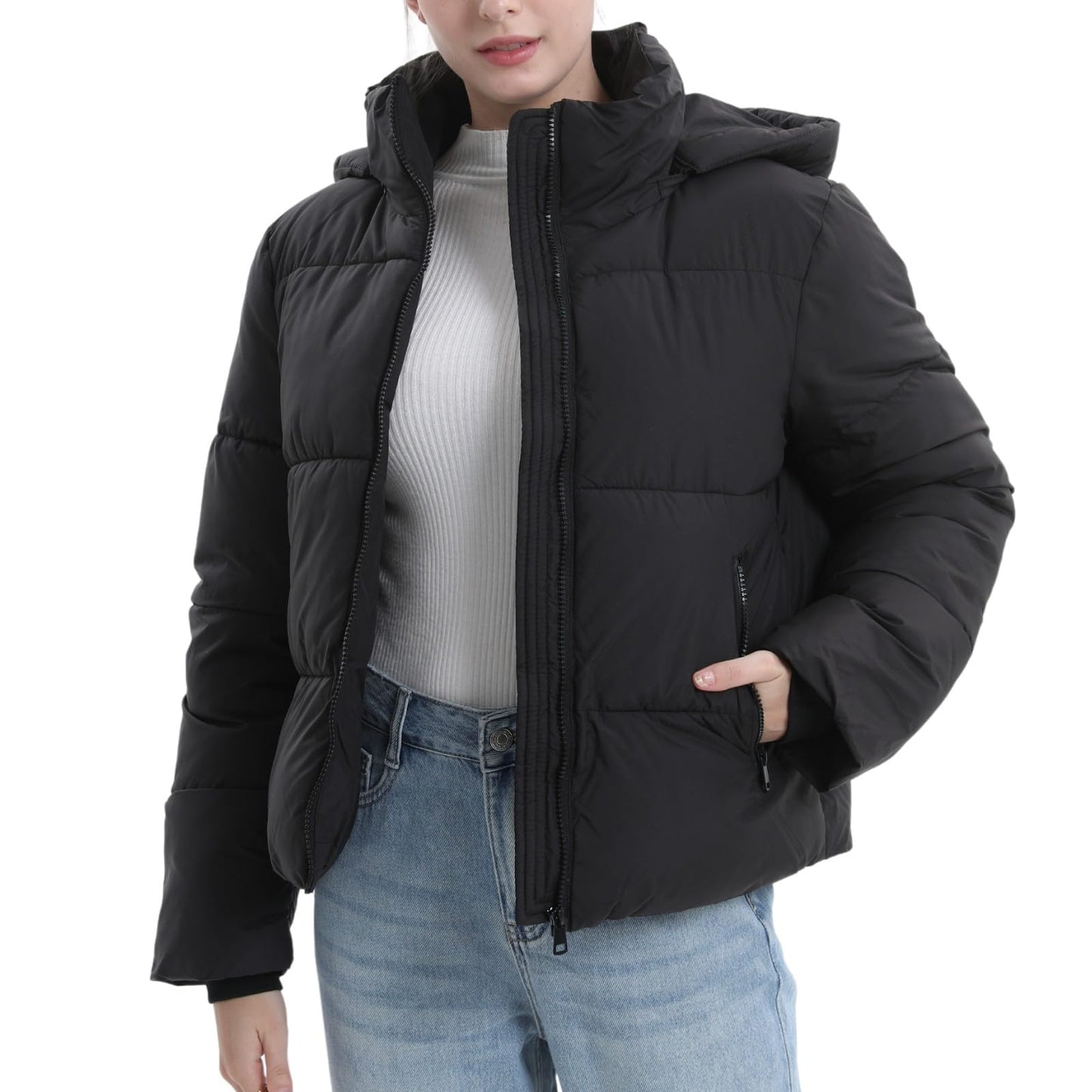 Women's Cropped Puffer Jackets,Warm Winter Jacket with Removable Hood,Zipped Pockets,Short Ladies Quilted Coat