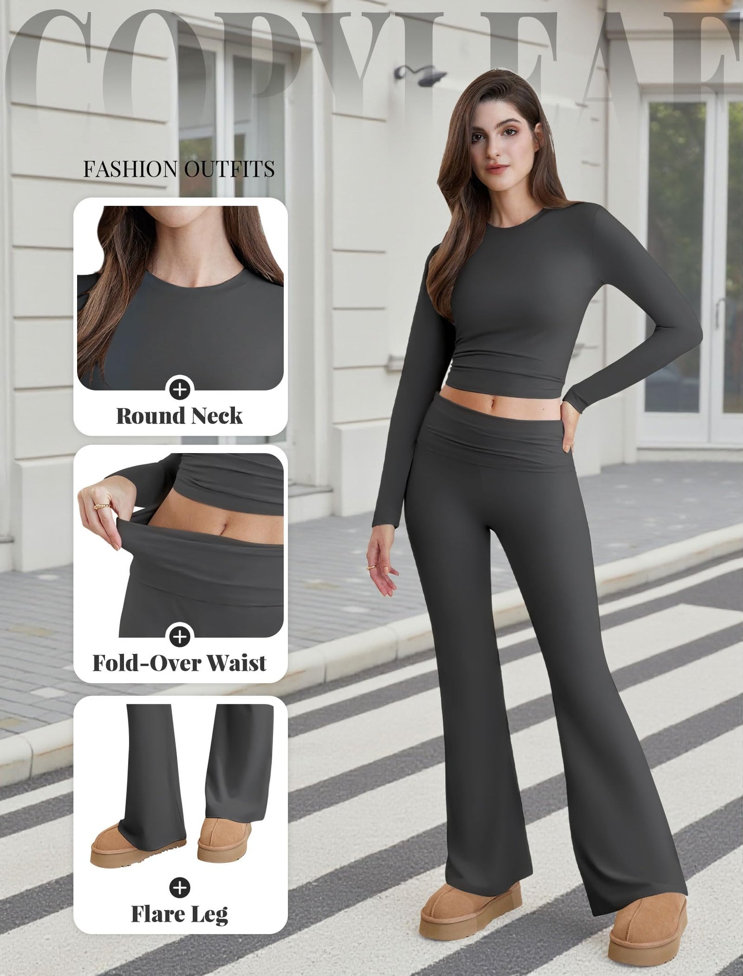 Two Piece Lounge Sets for Women Fold Over Flare Leggings Long Sleeve Crop Tops Matching Set Casual Y2k Outfits