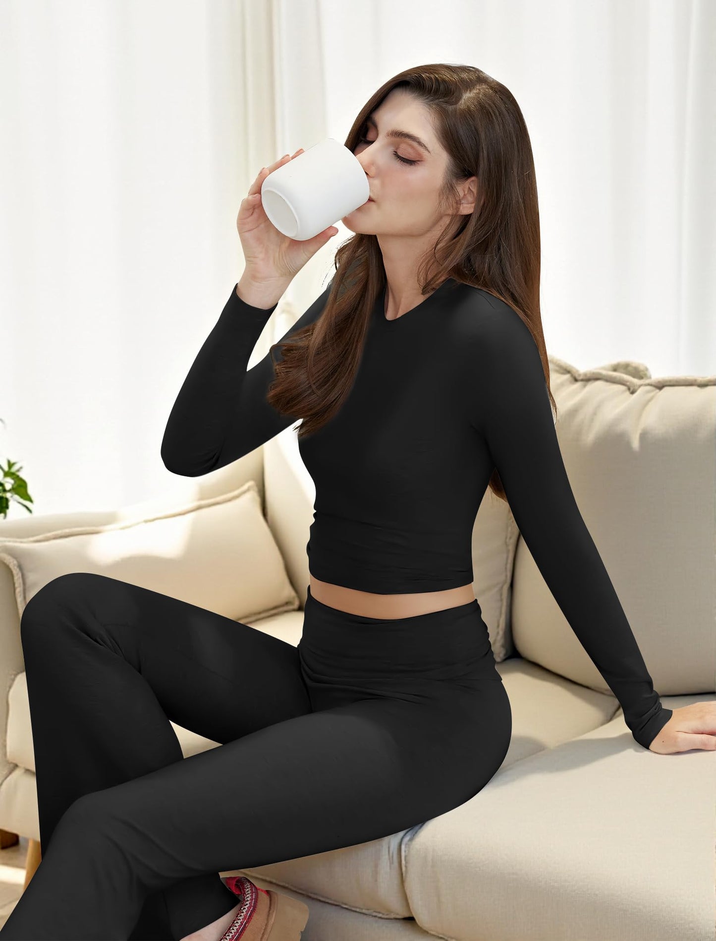 Two Piece Lounge Sets for Women Fold Over Flare Leggings Long Sleeve Crop Tops Matching Set Casual Y2k Outfits
