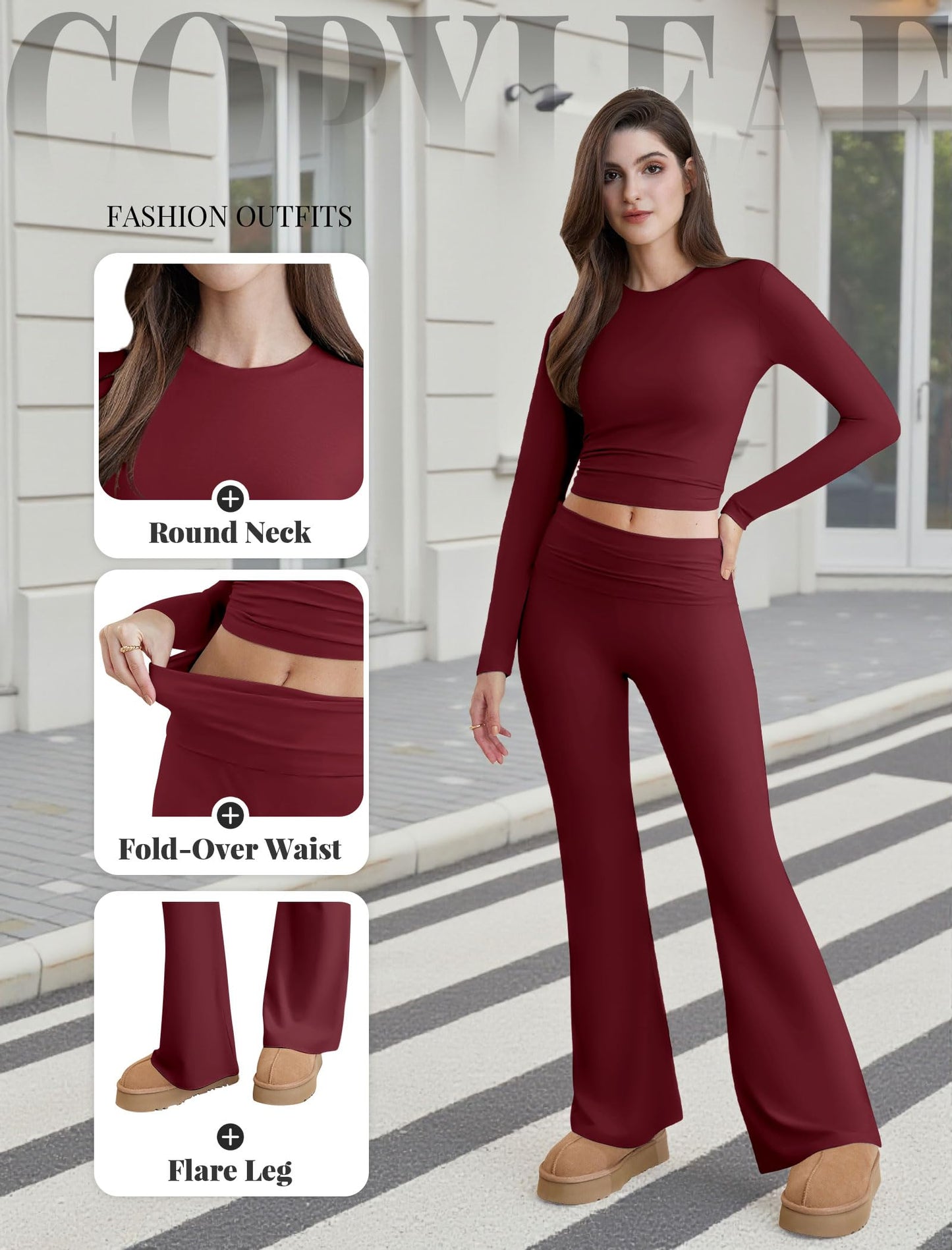 Two Piece Lounge Sets for Women Fold Over Flare Leggings Long Sleeve Crop Tops Matching Set Casual Y2k Outfits