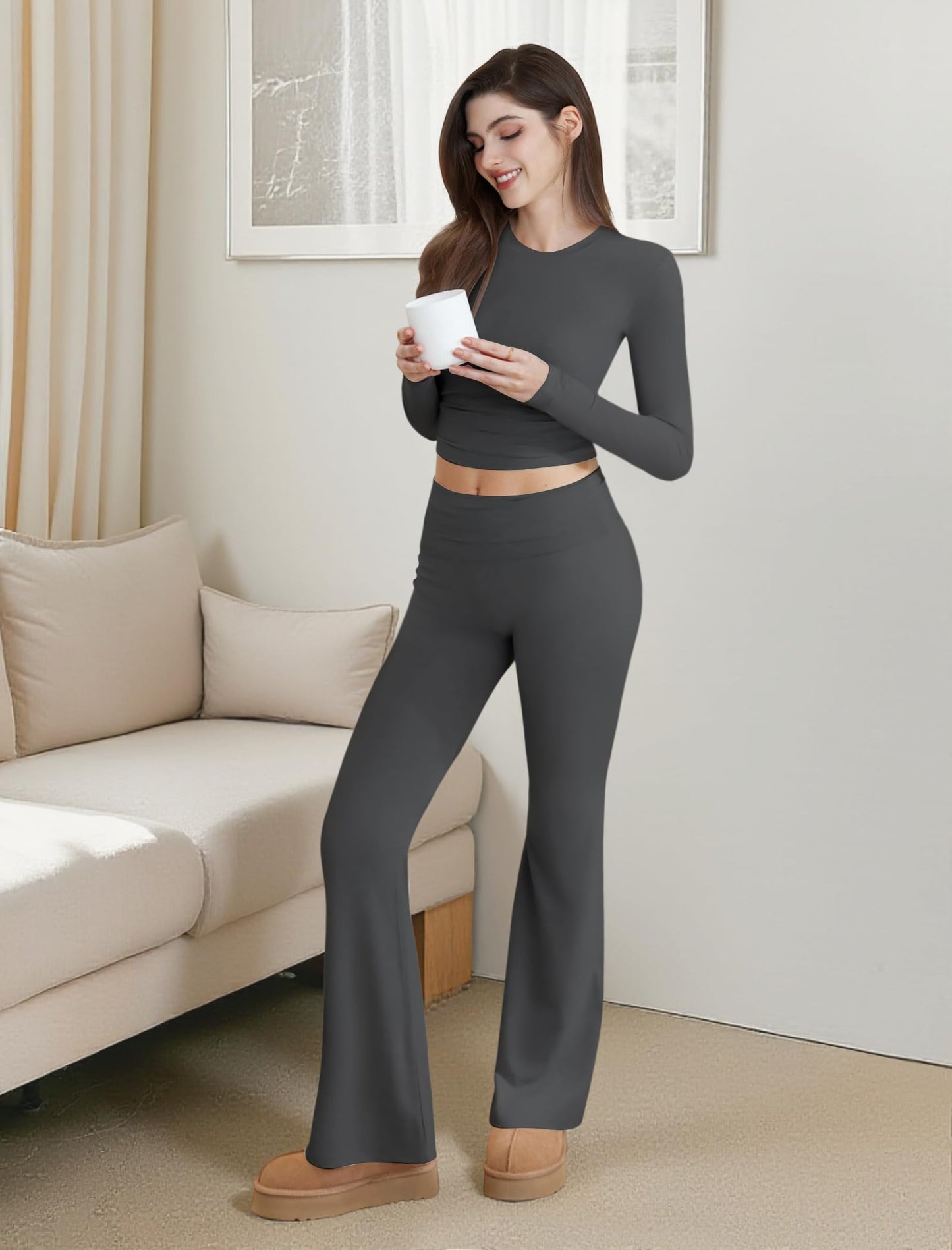 Two Piece Lounge Sets for Women Fold Over Flare Leggings Long Sleeve Crop Tops Matching Set Casual Y2k Outfits
