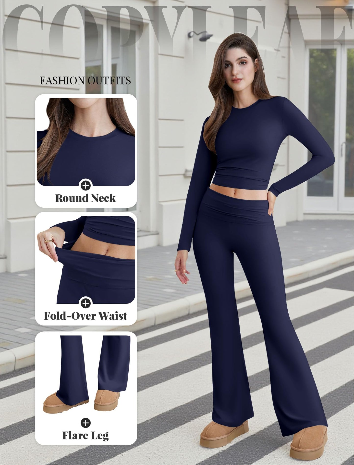 Two Piece Lounge Sets for Women Fold Over Flare Leggings Long Sleeve Crop Tops Matching Set Casual Y2k Outfits