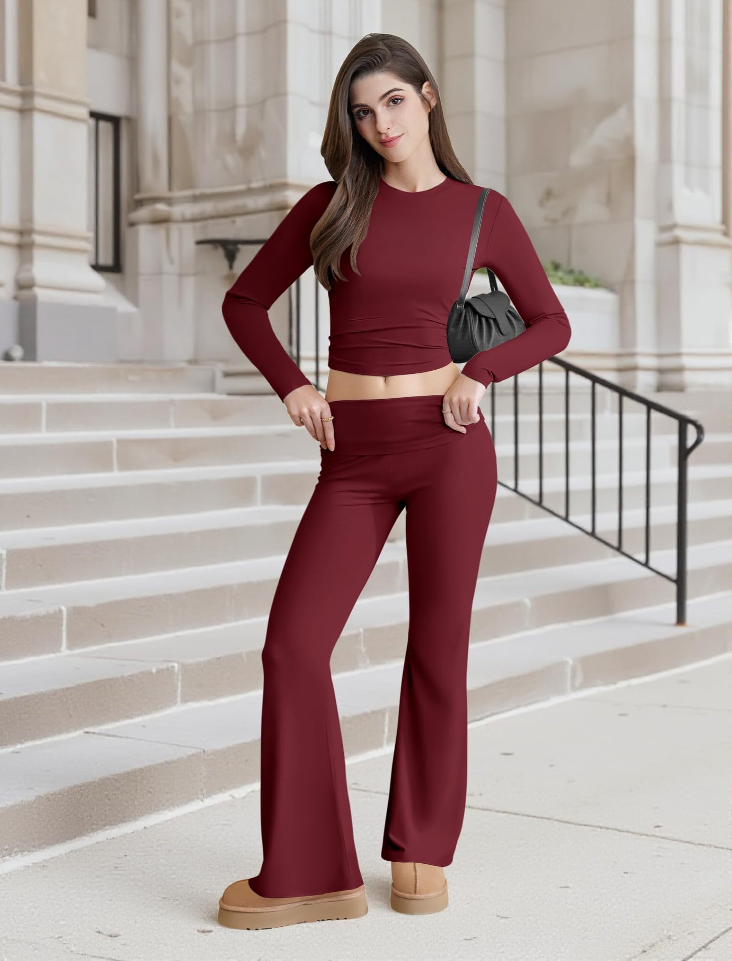 Two Piece Lounge Sets for Women Fold Over Flare Leggings Long Sleeve Crop Tops Matching Set Casual Y2k Outfits