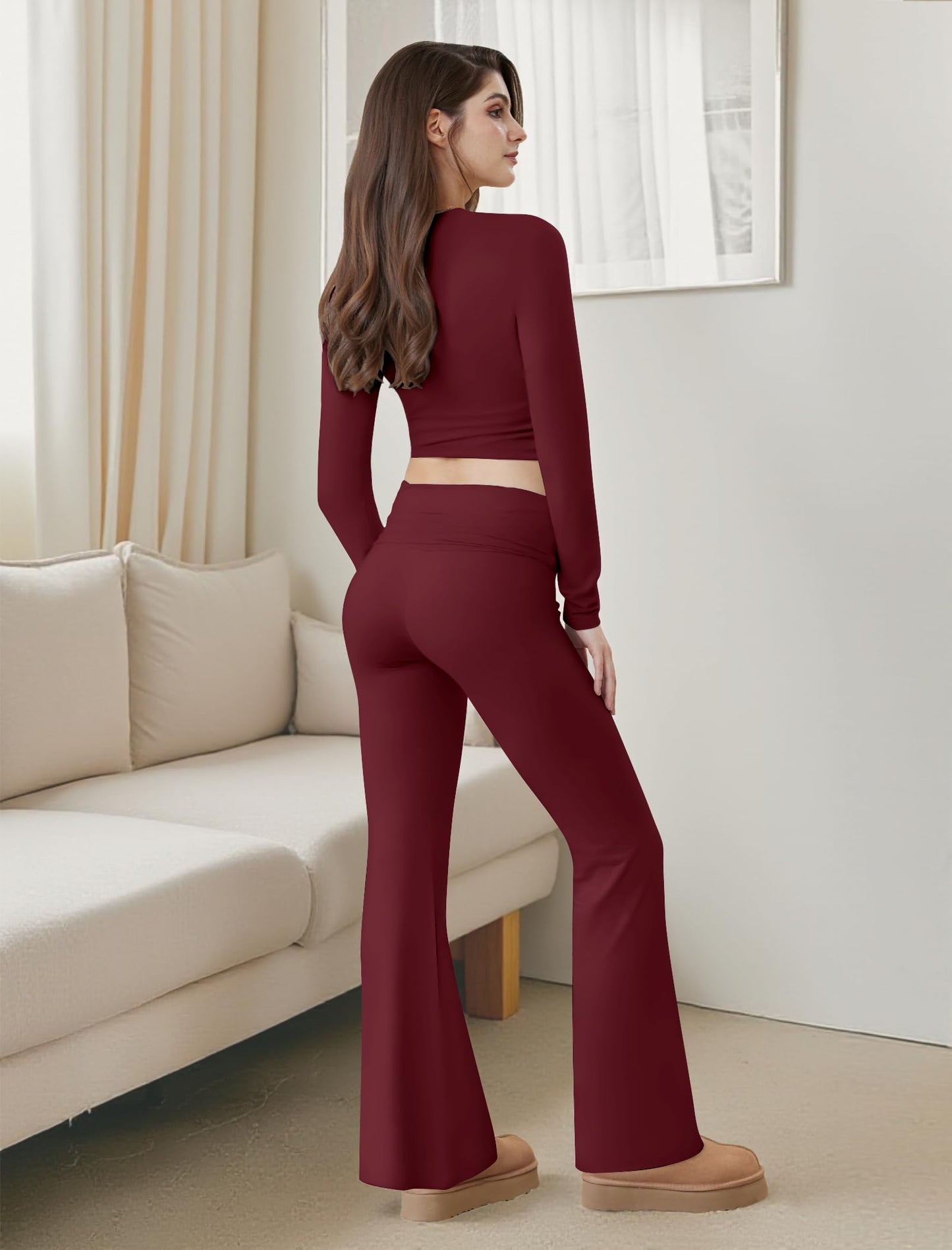 Two Piece Lounge Sets for Women Fold Over Flare Leggings Long Sleeve Crop Tops Matching Set Casual Y2k Outfits