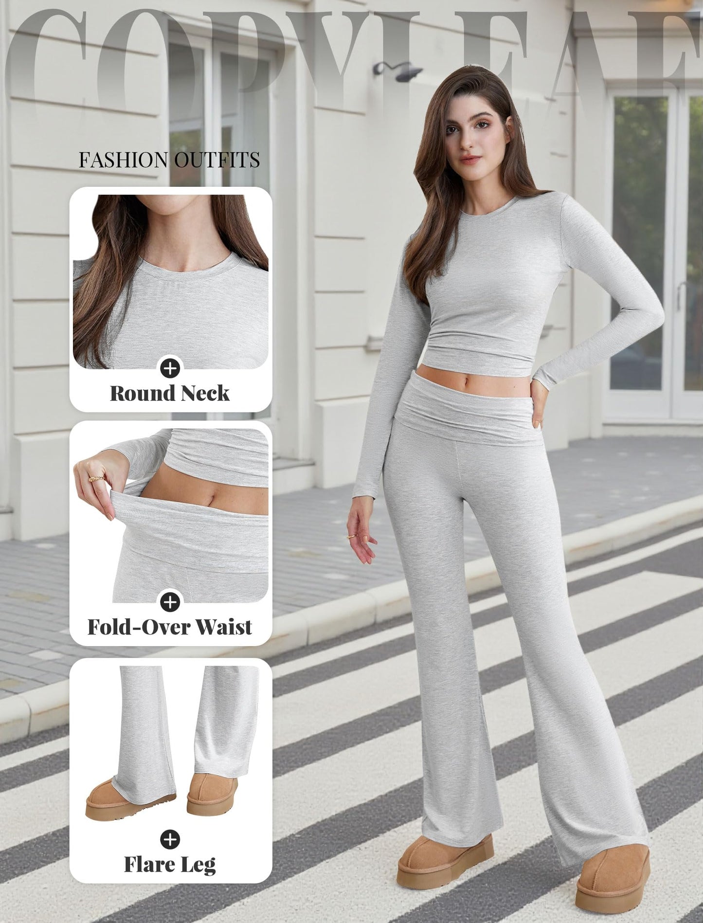 Two Piece Lounge Sets for Women Fold Over Flare Leggings Long Sleeve Crop Tops Matching Set Casual Y2k Outfits