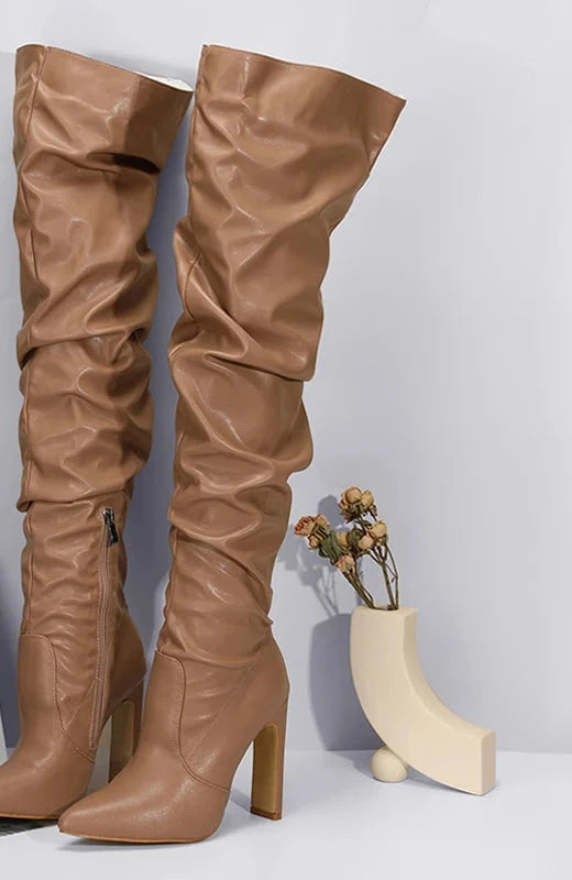 Liyke Fashion Design Pleated Leather Over The Knee Boots Sexy Pointed Toe Zip White High Heels Autumn Winter Women Shoes