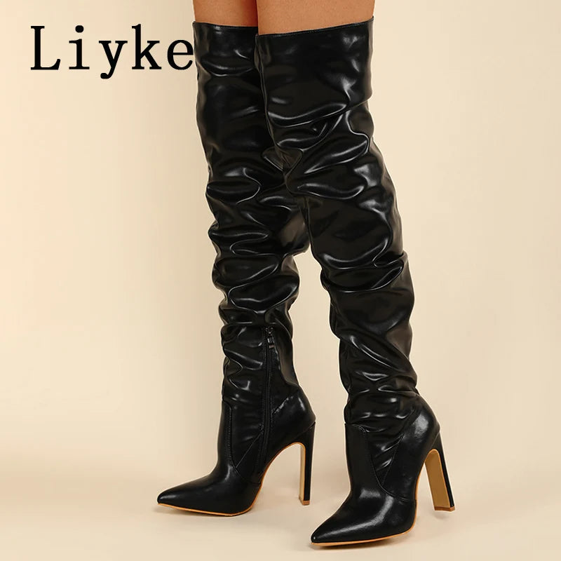 Liyke Fashion Design Pleated Leather Over The Knee Boots Sexy Pointed Toe Zip White High Heels Autumn Winter Women Shoes