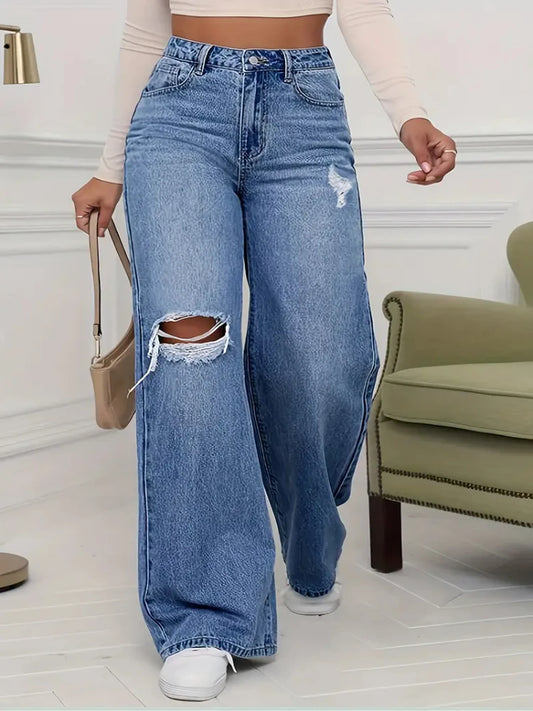 Women's Jeans Denim Pants Wide Leg Vintage Distressed Ripped Trousers 2025 Streetwear Washed Pockets Floor Length Hole Jeans
