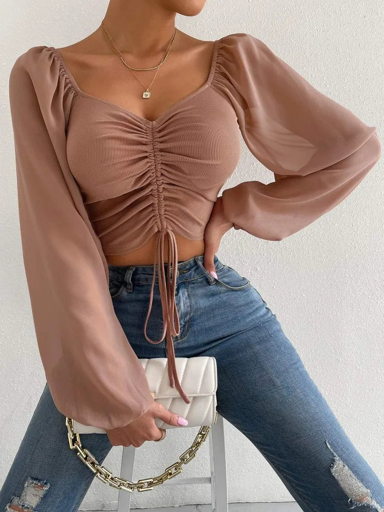 Women's Polo Shirt Brand Lantern Sleeve Polo Shirts For Women Drawstring Women's Casual Shirt Sexy Pulovers Womens Tops Blouses