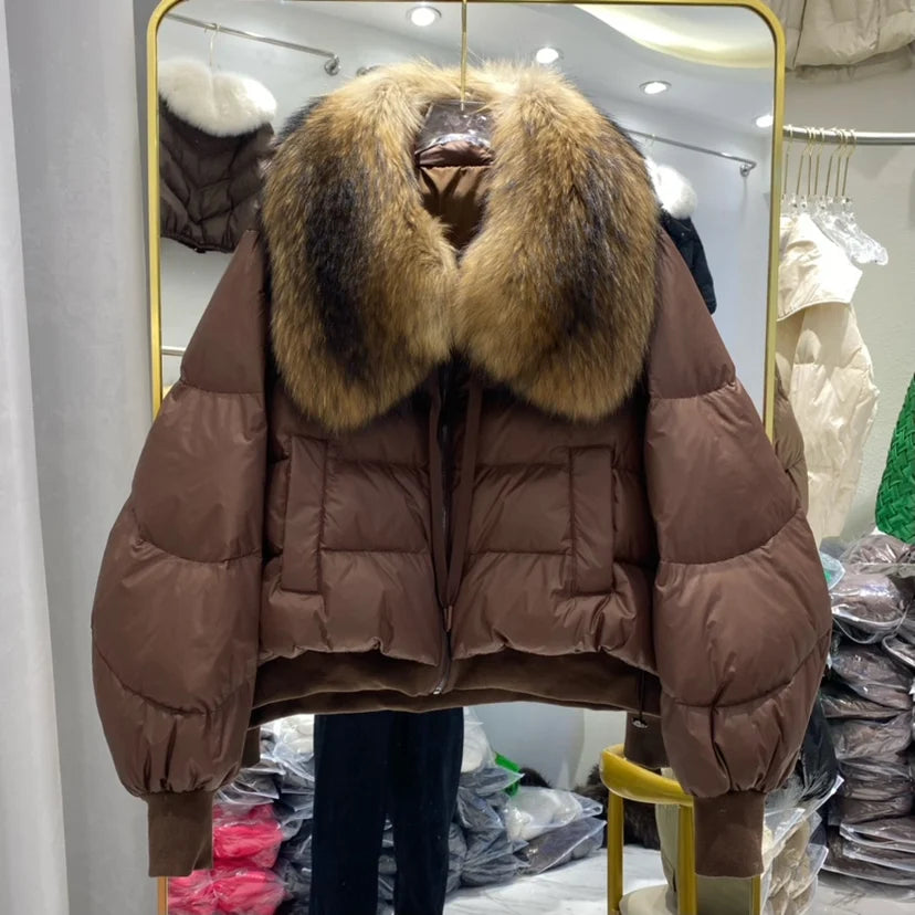 New 2023 Winter Puffer Jacket Women Thick Warm Short Parkas Real Natural Raccoon Fur Female Loose 90% White Duck Down Coat