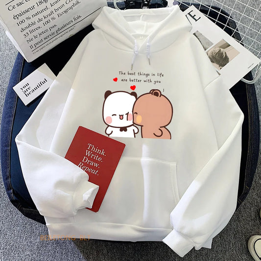 Panda Bear Bubu Dudu Love Heart Kangaroo Pocket Sweatshirts Women Clothing Casual Printing Pullovers Winter Aesthetic Clothes
