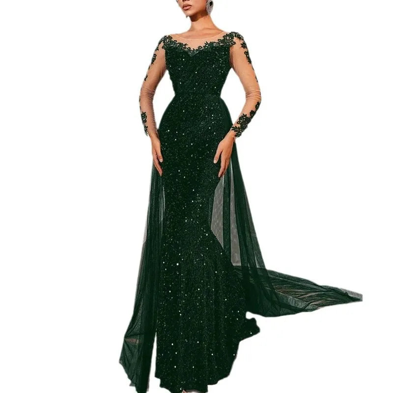 2025 New Elegant Prom Dress Long Sleeve Lace Evening Gown With Deep V-Neck Floor Length Train For Gala Party Wedding