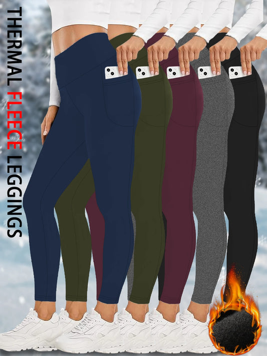 5 PACK Womens Thermal Fleece Lined High Waisted with pockets Leggings, Workout Winter Warm Thick Tights Soft Yoga Running Pants
