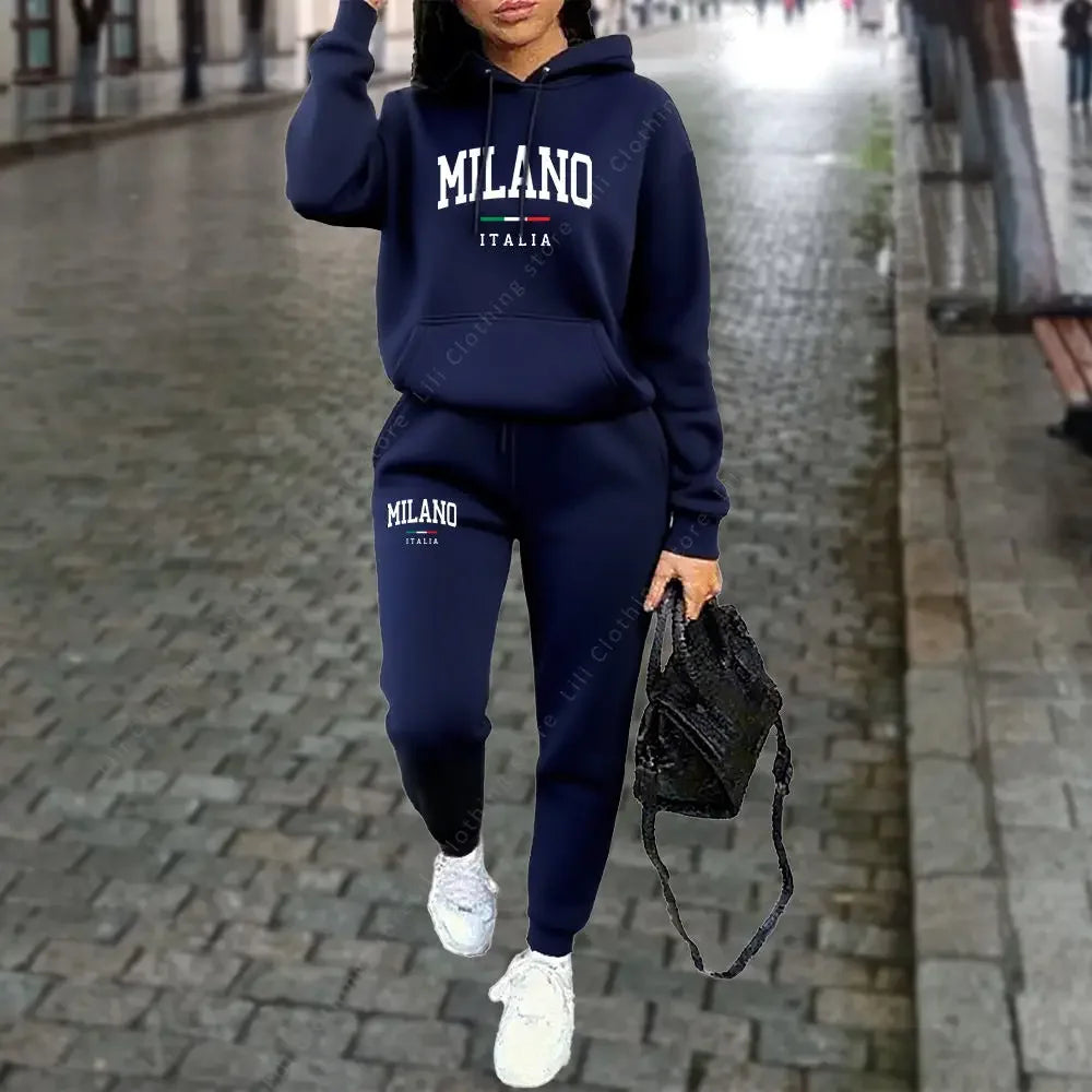2025 Women's Printed Hoodie Set, Letter Pattern Hoodie and Sports Pants, Autumn Winter Two-piece Sportswear, Street Suit Set