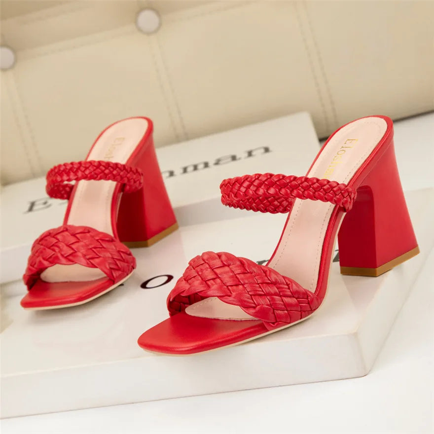 Fashion Weave Thick Heel Women's Slippers Square Toe Summer Casual Ladies Slides Red Orange Shoes Slip On Beach Sexy Pumps Woman