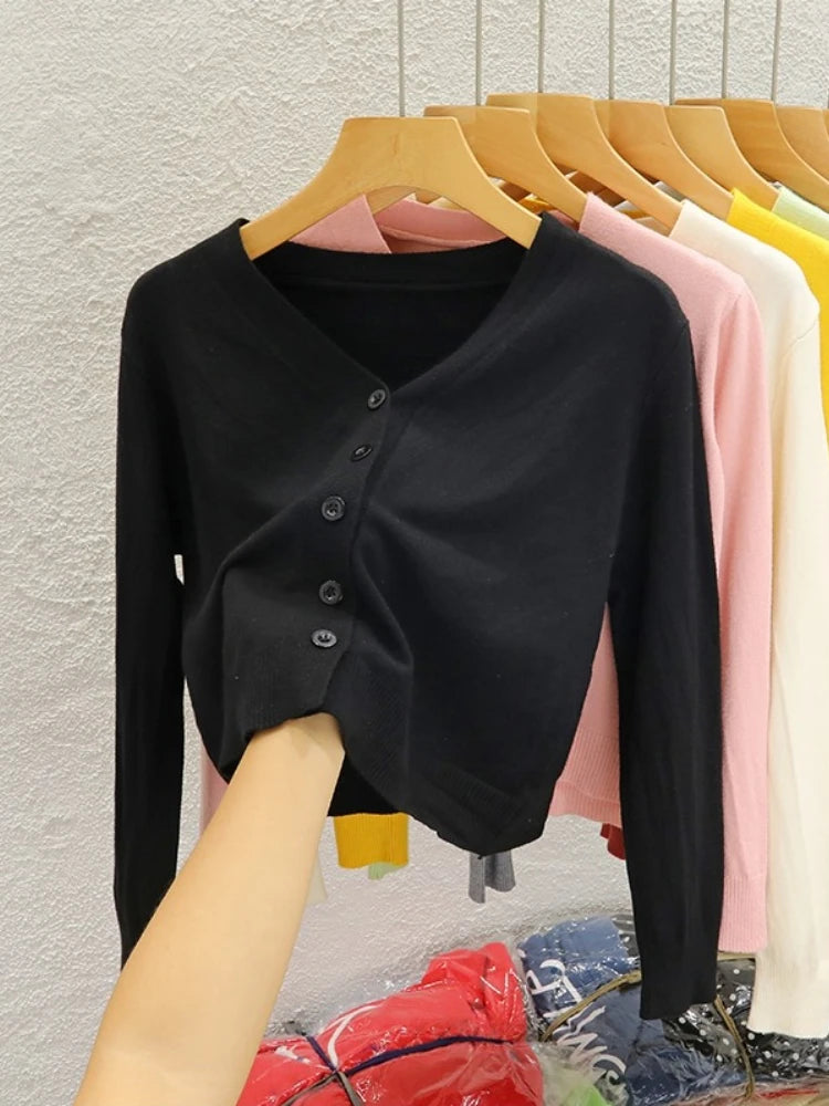 AOSSVIAO Korean Style V-neck Knitted Cardigan 2025 Autumn New Black Sweater Solid Color Long Sleeved Casual Tops