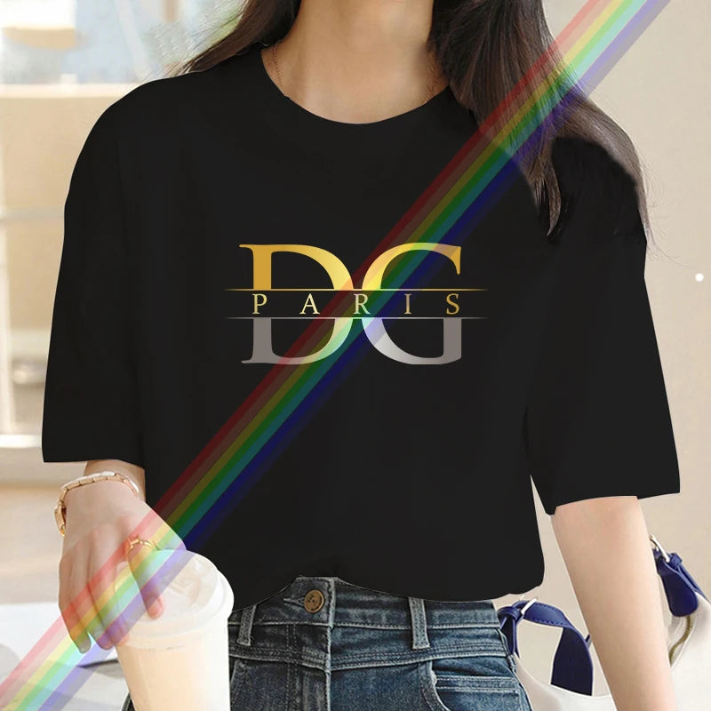 Luxury Brand Gold and Silver Gradient letter D Print Crew Neck Clothing Short Sleeve T-Shirt Trend Women's Summer Y2K Top