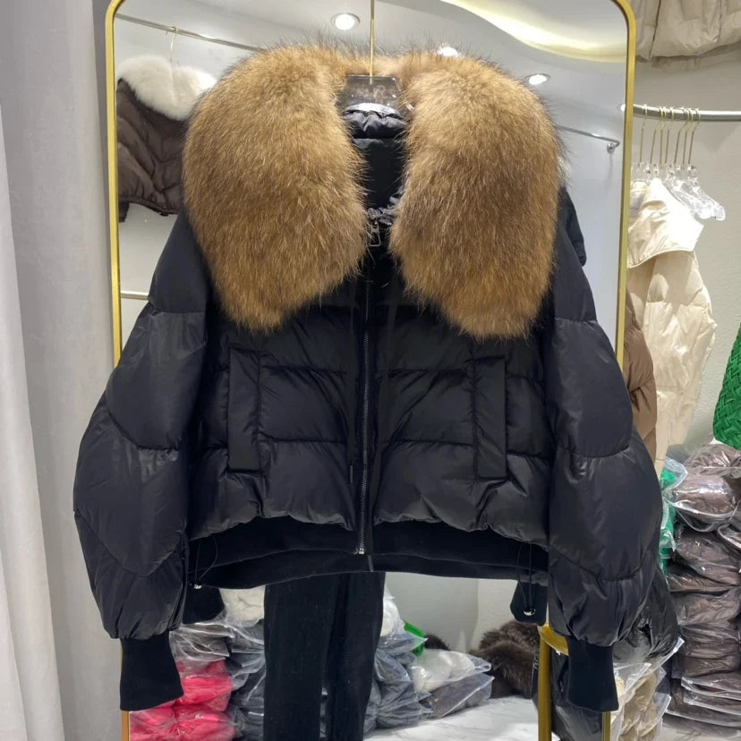 New 2023 Winter Puffer Jacket Women Thick Warm Short Parkas Real Natural Raccoon Fur Female Loose 90% White Duck Down Coat