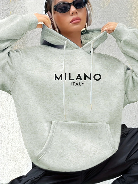 Milano Italy Polyester Hoodie for Women Knit Fabric Alphabet Print Casual Long Sleeve Sweatshirt Fashion Sweatshirts Harajuku