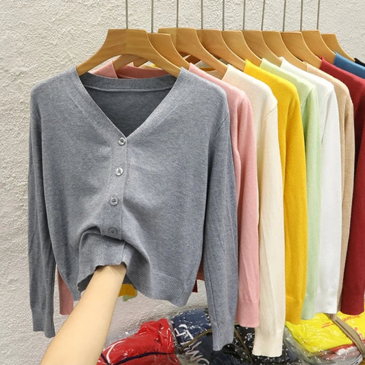 AOSSVIAO Korean Style V-neck Knitted Cardigan 2025 Autumn New Black Sweater Solid Color Long Sleeved Casual Tops