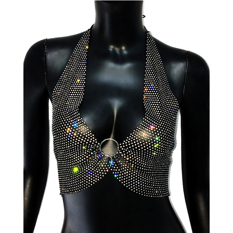 Sexy Deep V Neck Backless Camisole Shiny Rhinestone Mesh See Through Hollow Fishnet Halter Neck Tank Top 2024Party Club Crop Top