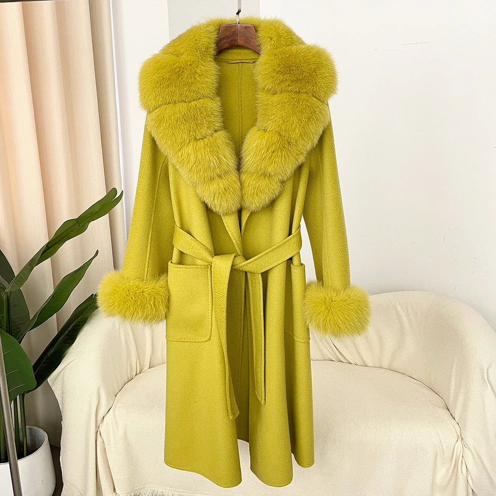 Fashion Women Winter Handmade Double Side 100% Woolen Red Color Real Fox Fur Collar Long Warm Female Wool Coat