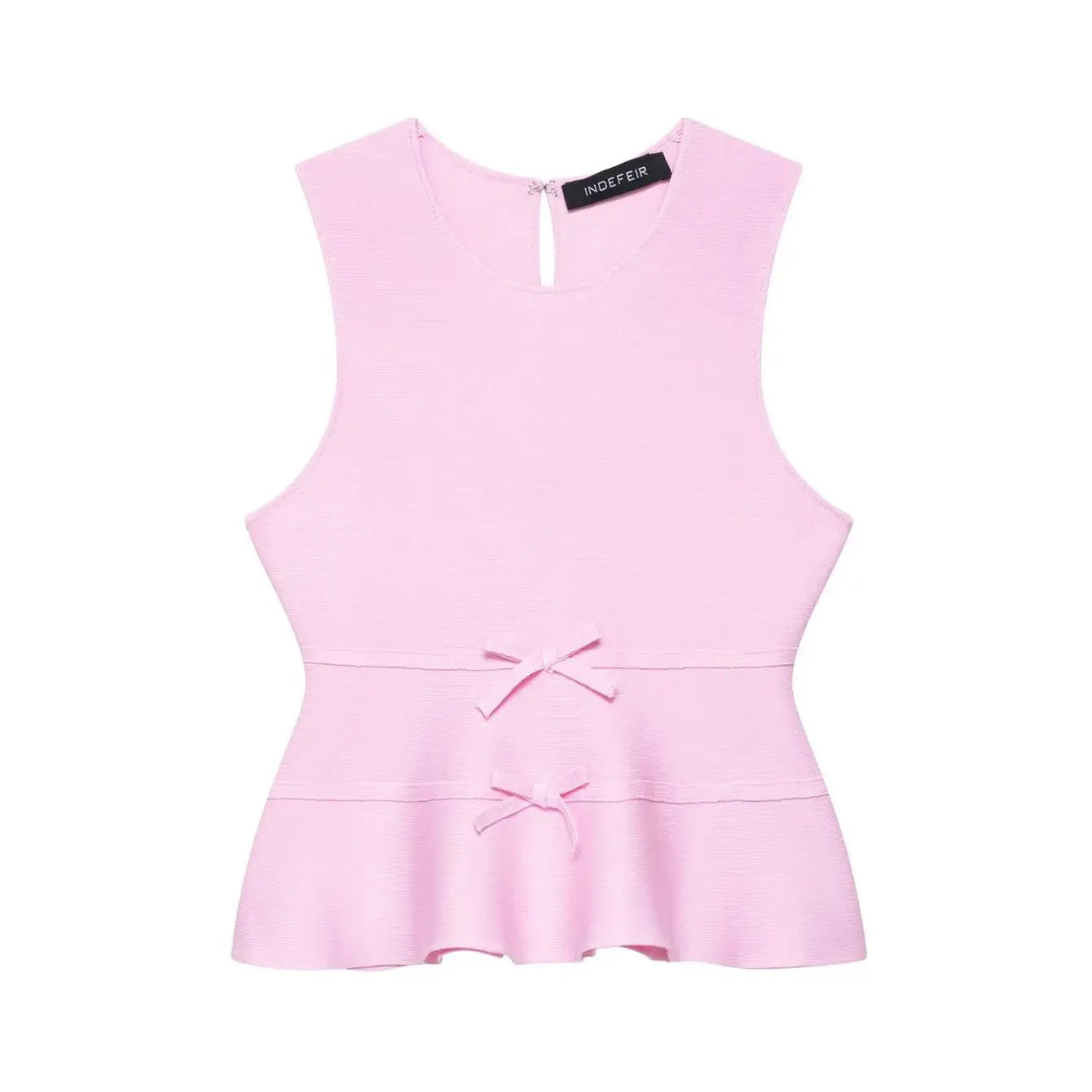 TFMLN Women French-style Bow Knit Top Round-neck Sleeveless Summer Fashion Slim-fit Elegant A Line Hem Lady Pink Tank Top