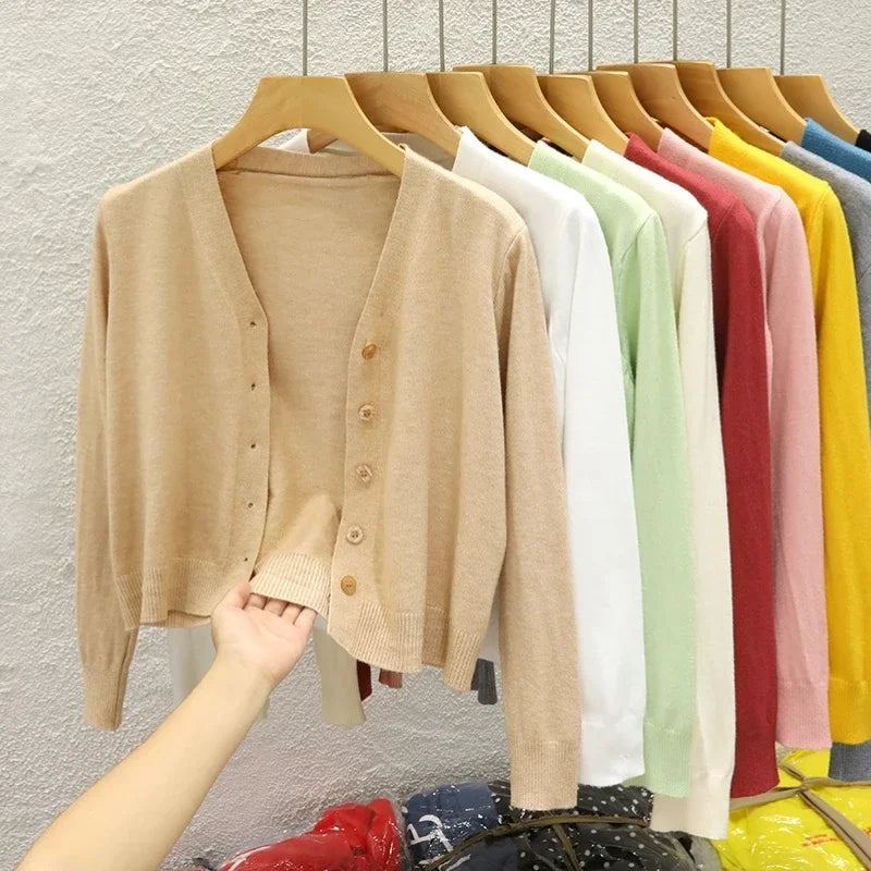 AOSSVIAO Korean Style V-neck Knitted Cardigan 2025 Autumn New Black Sweater Solid Color Long Sleeved Casual Tops