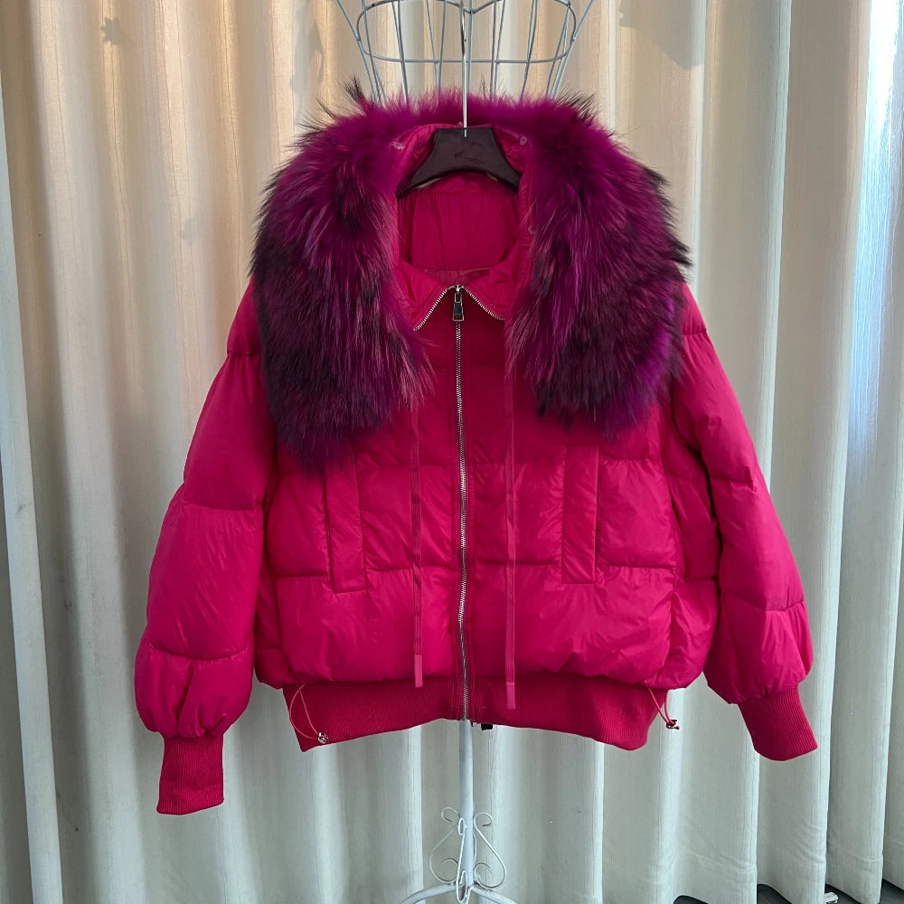 New 2023 Winter Puffer Jacket Women Thick Warm Short Parkas Real Natural Raccoon Fur Female Loose 90% White Duck Down Coat
