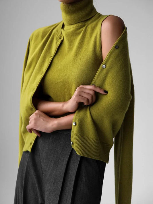 Wolfeel Women's New Turtleneck Sleeveless Tank Top Cardigan Sweater Set Soft Knit Button Up Autumn Fashion Sweaters 2-piece Set