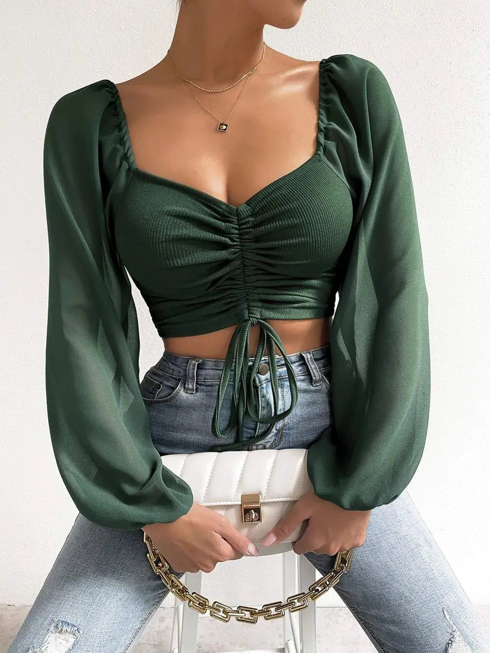 Women's Polo Shirt Brand Lantern Sleeve Polo Shirts For Women Drawstring Women's Casual Shirt Sexy Pulovers Womens Tops Blouses