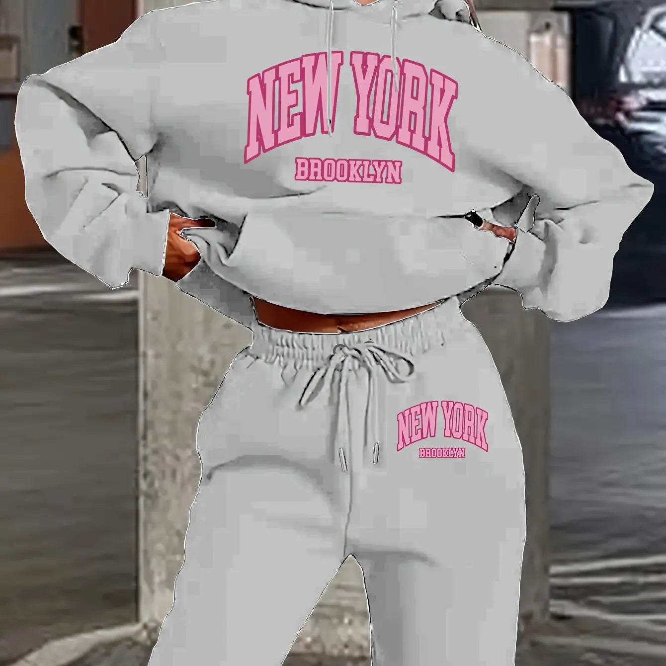 Women's Autumn/Winter Hoodie+Sports Pants Set for Street Casual New York Brooklyn Printed Fashion and Velvet Warm Clothing