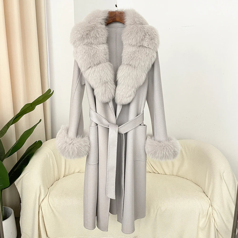 Fashion Women Winter Handmade Double Side 100% Woolen Red Color Real Fox Fur Collar Long Warm Female Wool Coat