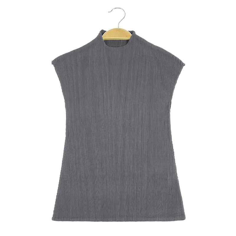 Miyake Versatile Classic Simple Solid Color Stand Up Collar Pleated Top Women Slim Slim Short Sleeve Miyake T-shirt Summer 2024