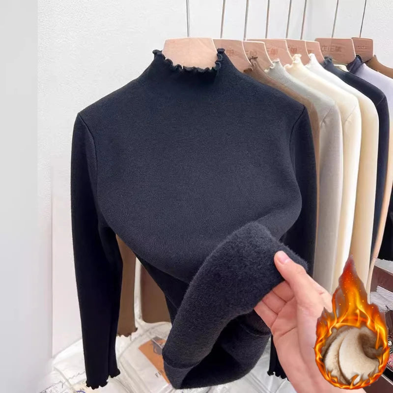 New Fleece Lined Thick Turtleneck Sweaters Women's Autumn Winter Slim Warm Ruched Knitted Tops Solid Color Casual Soft Pullover