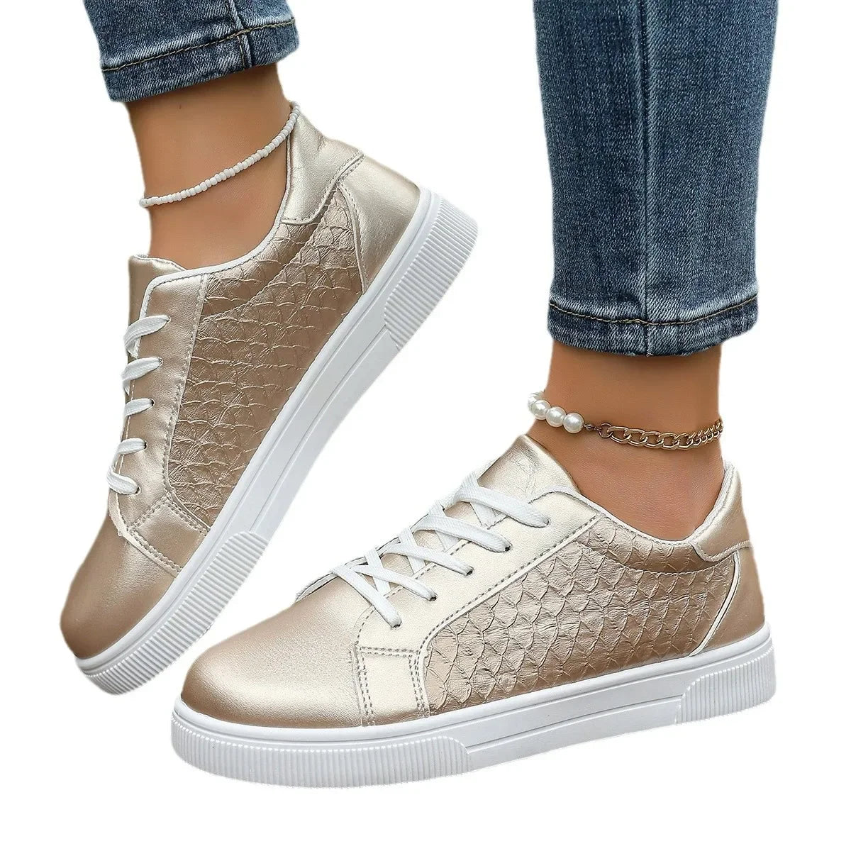 Plus Size 42 Women Gold Sneakers Spring Autumn New Women Fashion Lace-up Soft PU Leather Board Shoes Ladies Casual Shoes