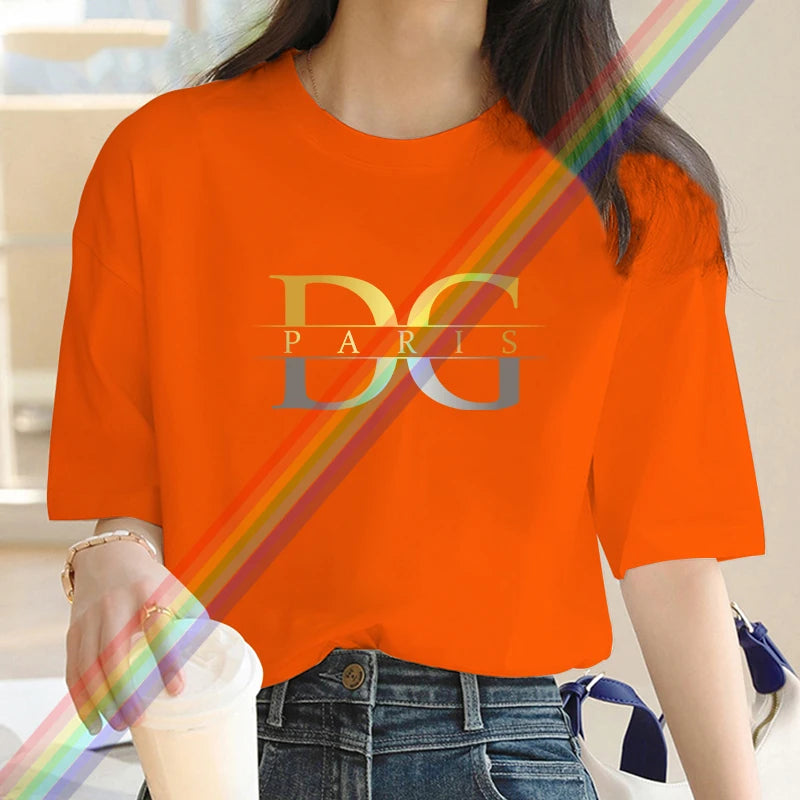 Luxury Brand Gold and Silver Gradient letter D Print Crew Neck Clothing Short Sleeve T-Shirt Trend Women's Summer Y2K Top