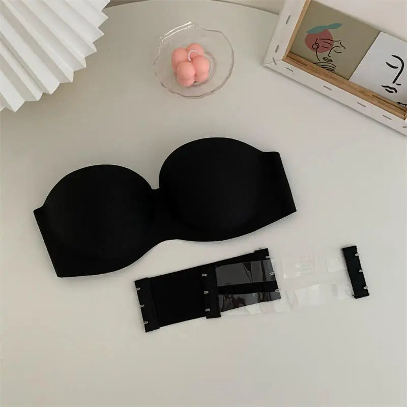 Women Sexy Strapless Anti-Slip Bra Solid Color Invisible Push-Up Comfortable Bra Adjustable Elastic Strapless Bra Underwear