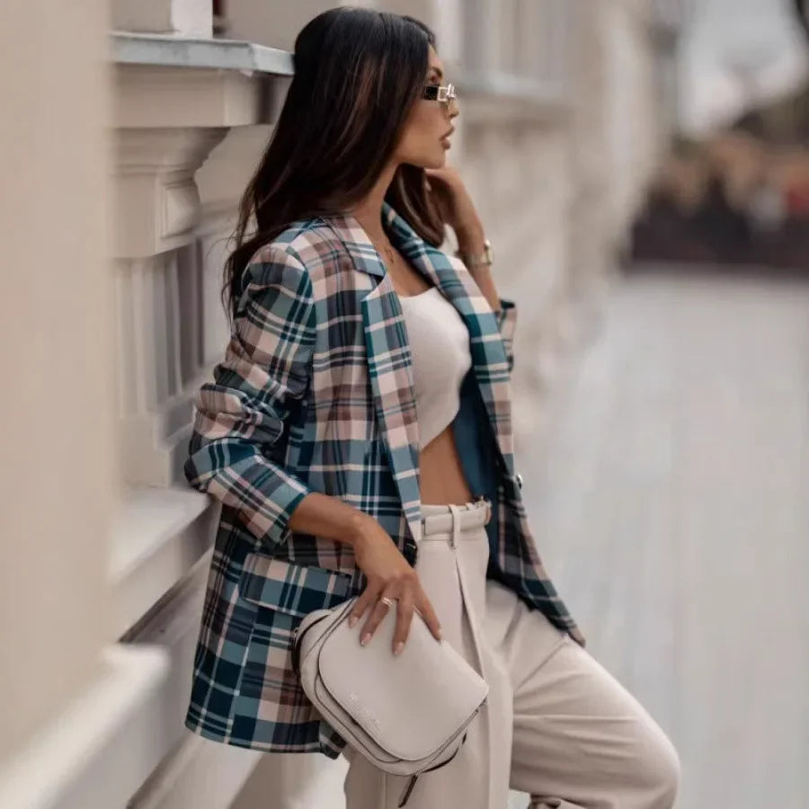 Fashionable Plaid Long Sleeve Single Button Autumn Winter Outerwear Women's Suit Jacket Polyester Fiber No Collar Origin China