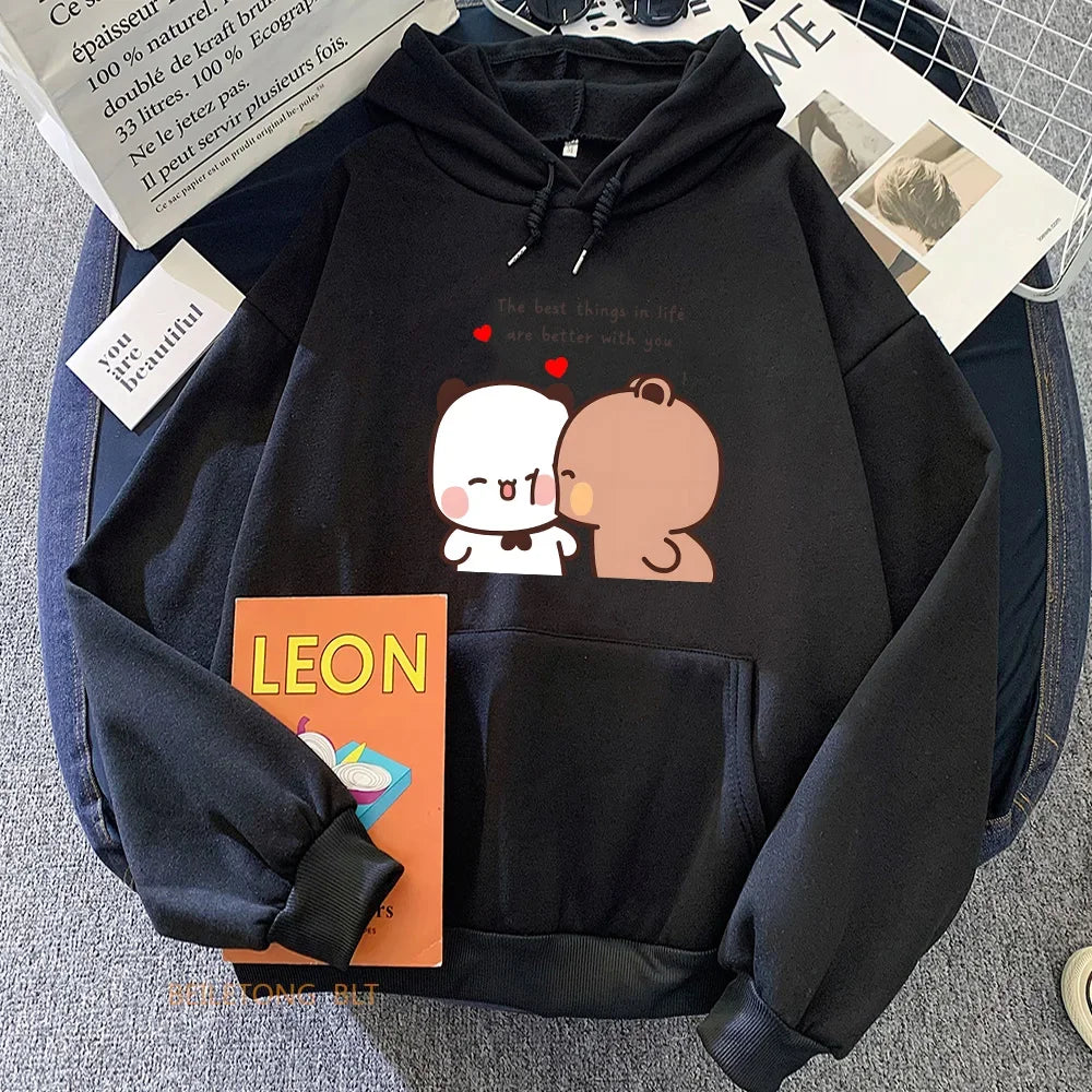Panda Bear Bubu Dudu Love Heart Kangaroo Pocket Sweatshirts Women Clothing Casual Printing Pullovers Winter Aesthetic Clothes