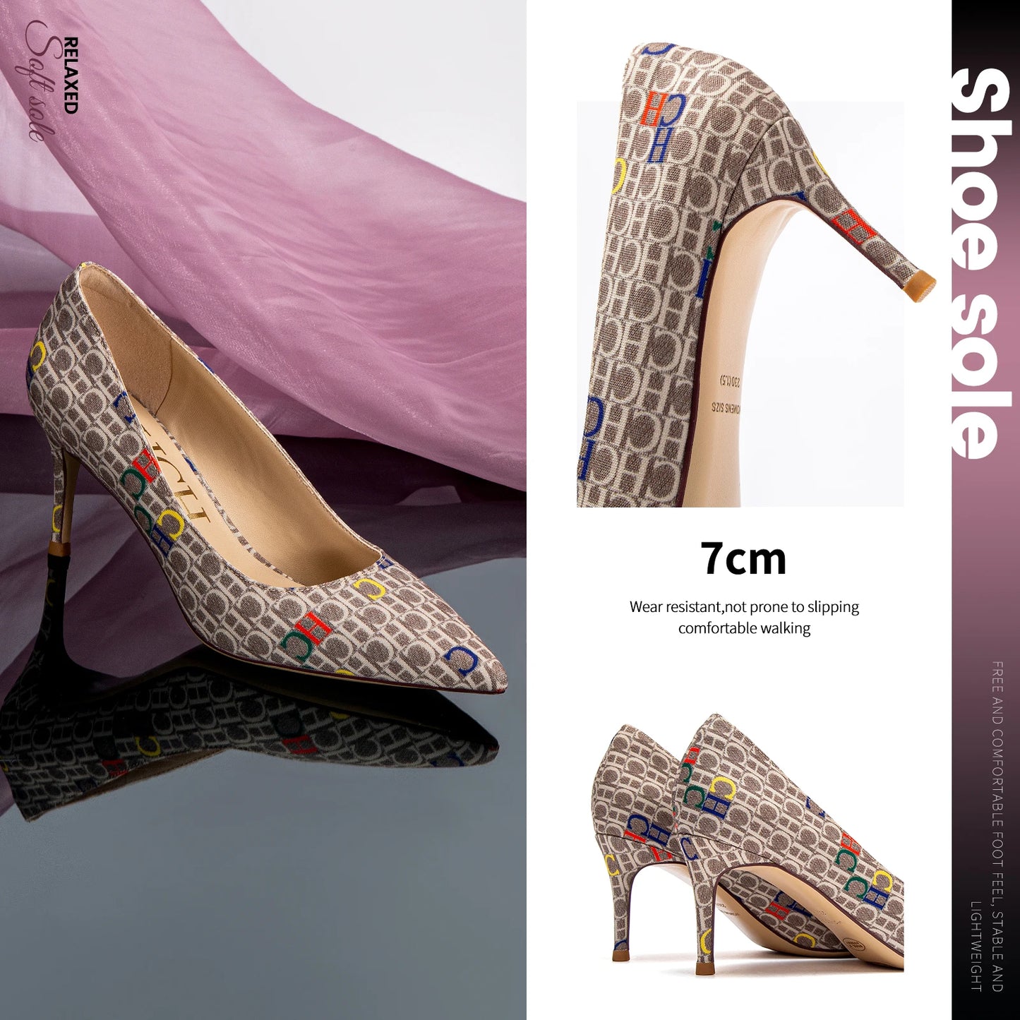 Classic style French ladies' high heels, shallow heel, letter cowboy print design, classic fashion.