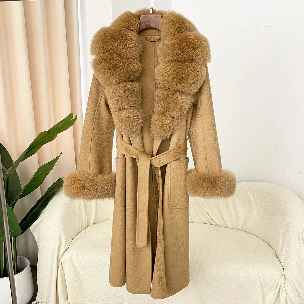 Fashion Women Winter Handmade Double Side 100% Woolen Red Color Real Fox Fur Collar Long Warm Female Wool Coat