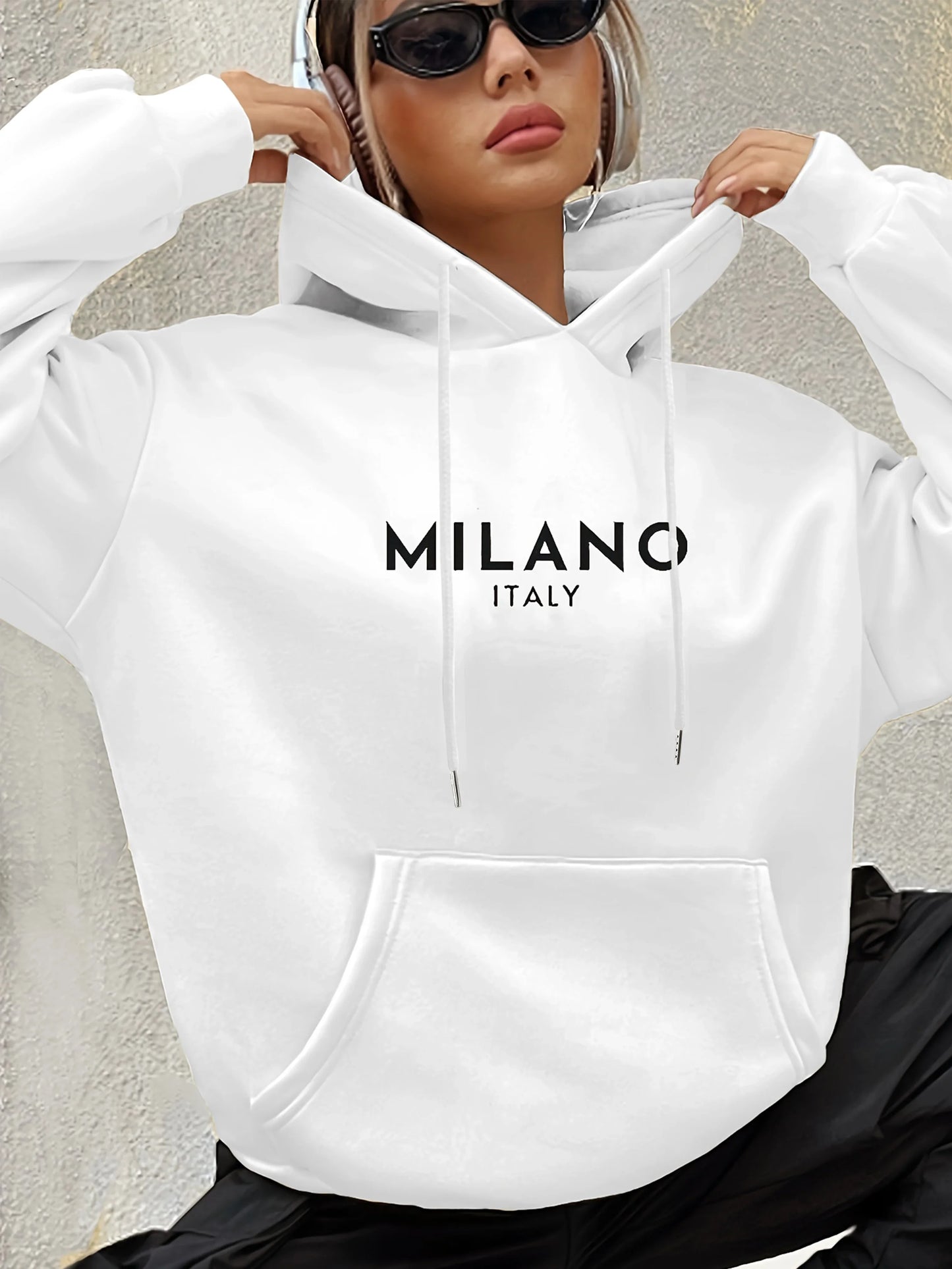 Milano Italy Polyester Hoodie for Women Knit Fabric Alphabet Print Casual Long Sleeve Sweatshirt Fashion Sweatshirts Harajuku