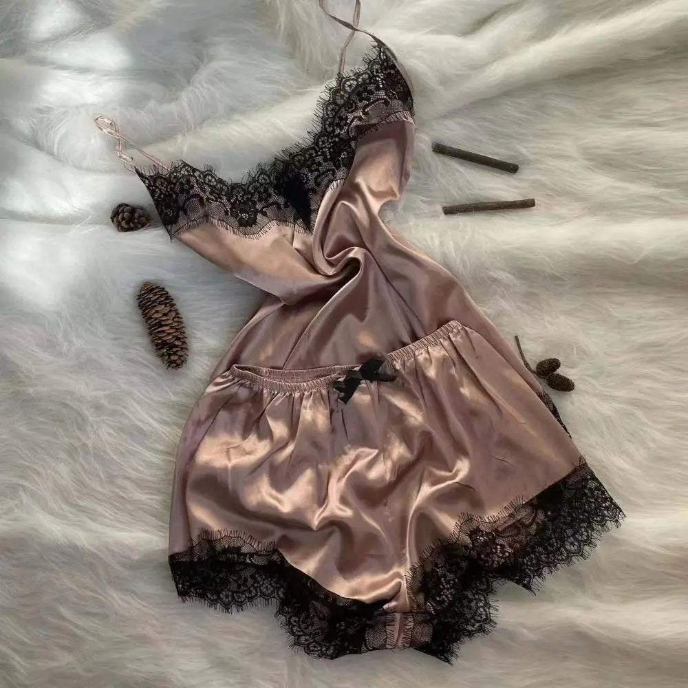 Fashion Bowknot Lace Pajama Suit Sleeveless V-Neck Shorts Camisole Nightdress Satin Ice Silk Loose Lace Sleepwear Sets Gifts