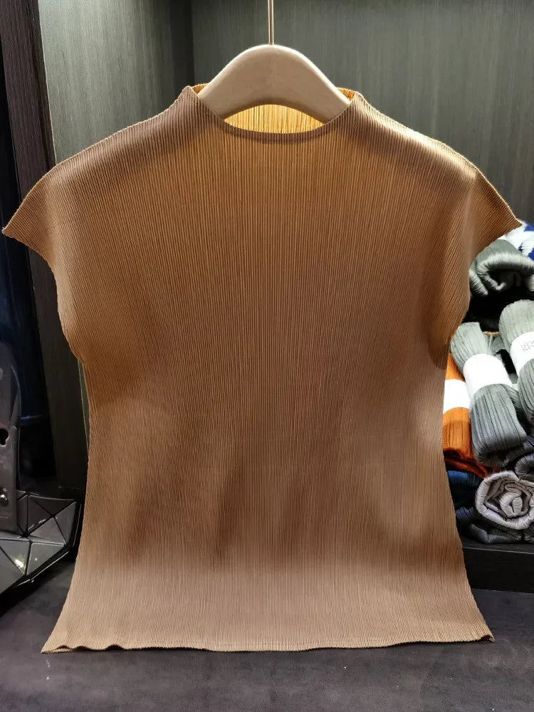 Miyake Versatile Classic Simple Solid Color Stand Up Collar Pleated Top Women Slim Slim Short Sleeve Miyake T-shirt Summer 2024