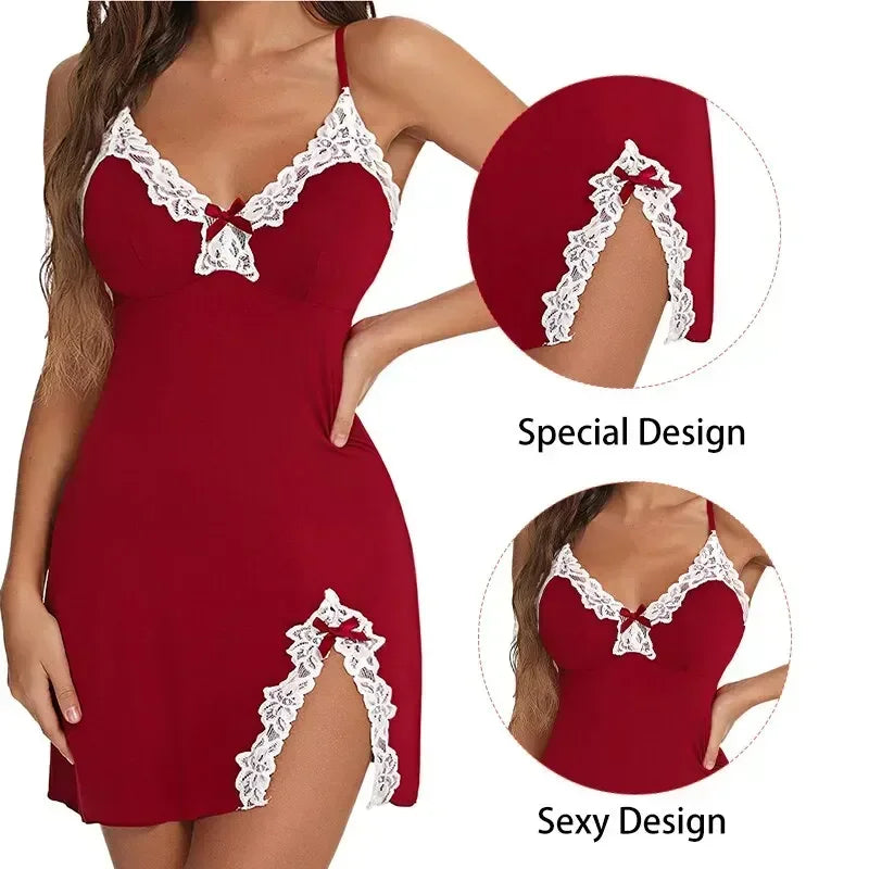 Sexy Lace Nightdress Chemise Women Bow Nightdowns Seamless Sleepwear V Neck Slip Lingerie Sleepshirts Nighties